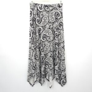 Chico's stretch knit midi skirt Size 0 (S) paisley black/white shark hem pull-on